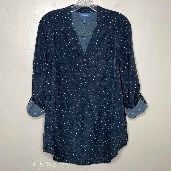 ModCloth PAM BREEZY Blouse Black & White Celestial Stars Roll Tab Sleeves Medium - Picture 2 of 15